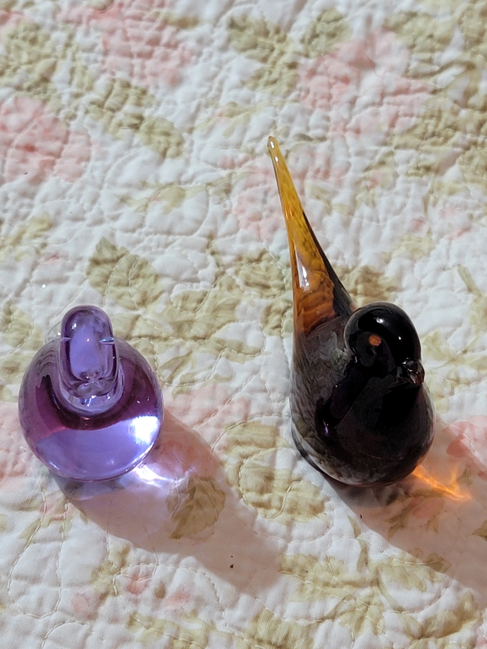 Handblown Glass Bird Figurines - Purple and Amber